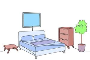 Continuous one line drawing stylish room with full furniture modern. Spring bed and pillow make more comfortable. Room where can rest to relieve fatigue. Single line draw design illustration vector