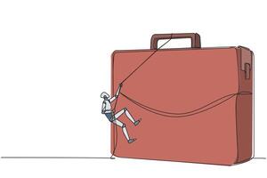 Single continuous line drawing smart robot climbs briefcase with the rope. A metaphor for building a business from scratch. Growing and having many relationships. One line design illustration vector