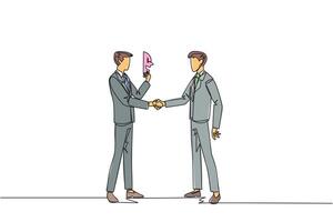 Single continuous line drawing two businessmen shaking hands. One of them has two faces. Full of falsehood. Fake friend. Worst teamwork. Business betrayal. Traitor. One line design illustration vector