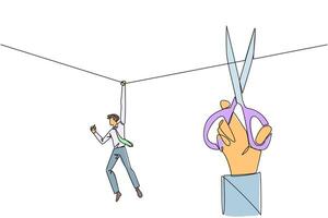 Single continuous line drawing businessman hanging from rope. A big hand that want to cut the rope. Maintaining a nearly useless business. Thwarted by traitors. One line design illustration vector