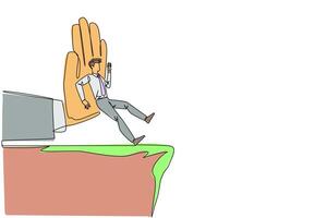 Single continuous line drawing businessman standing on the edge of a cliff. Something big wants to bring down the business. Invisible enemy. Bring down competitor. One line design illustration vector