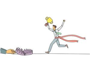 Single one line drawing businessman running with trophy. A dangerous business trap. A trap that really brings down a business. Fake friend. Traitor. Rival. Continuous line design graphic illustration vector
