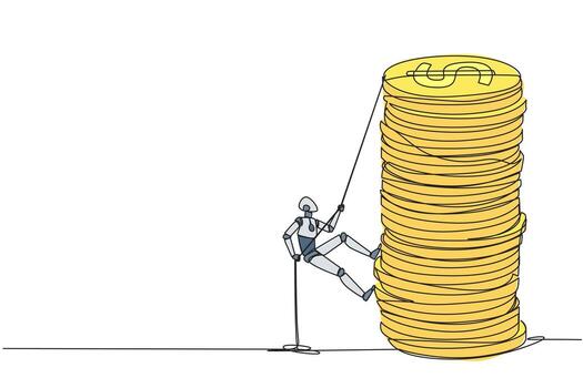 Single one line drawing smart robot climbs stack of coins with rope. The entrepreneur trying hard climbing the rope to reach top of coins. Smart hard work. Continuous line design graphic illustration vector