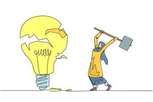 Continuous one line drawing Arab businesswoman preparing to hit big lightbulb. The thrashing anger. Failed to secure a brilliant business idea. Destruction. Single line draw design illustration vector