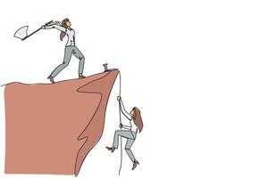 Single continuous line drawing businesswoman climbs a cliff with the rope. Almost successful. Rudely dropped by a business friend. Fake partner. The worst teamwork. One line design illustration vector