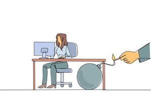 Single one line drawing businesswoman typing at computer desk. Trapped by business partner. A bomb that could explode at any time. Betrayed by a colleague. Continuous line design graphic illustration vector