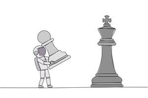 Single one line drawing young astronaut holds pawn chess to beat king chess. Strategic planning, business development strategy, tactics in entrepreneurship. Continuous line design graphic illustration vector