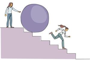 Single continuous line drawing businesswoman running down stairs avoiding big ball. Attacked by business friends. Traitor in business. Cheating in business. Betray. One line design illustration vector