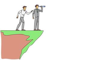 Continuous one line drawing businessman monitoring something at the edge of cliff using binocular. Monitoring business. Taken down by traitor from behind. Single line draw design illustration vector