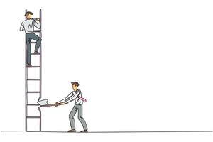 Single one line drawing businessman climbs the ladder to achieve the expected reward. Destroyed silently. Business failed to develop. Destroyed by traitors. Continuous line design graphic illustration vector