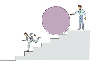 Single one line drawing businessman running down stairs avoiding big ball. Attacked by business friends. Traitor in business. Cheating in business. Betray. Continuous line design graphic illustration vector