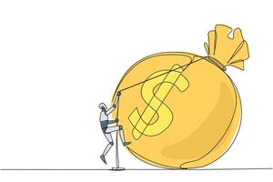 Single one line drawing smart robot climbing money bag with the rope. Work harder to get a very large retirement fund. Bring out abilities to the maximum. Continuous line design graphic illustration vector