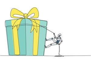 Single continuous line drawing smart robot climbing gift box with rope. Struggle persistently to achieve the desired reward. Hard work. Sincere work. Work smart. One line design illustration vector