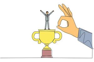Continuous one line drawing businessman standing on big trophy. Celebrating the success of business. Got fraudulent business opponents. Falling helpless. Single line draw design illustration vector