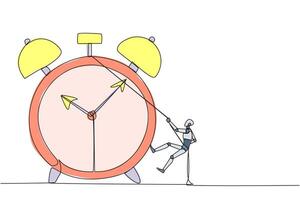 Continuous one line drawing smart robot climbing alarm clock with rope. Work carefully to complete each task. Works perfectly without any errors. Work hard. Single line draw design illustration vector