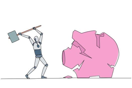 Single one line drawing smart robotic preparing to hit the big piggy bank. Running out of capital. Unprofitable business. Trying new luck. Rise again. Continuous line design graphic illustration vector