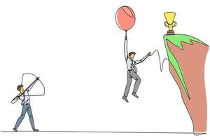 Single continuous line drawing businessman wants to achieve prizes at the peak of the career. Getting resistance from all directions. Painful failure. Traitor. One line design illustration vector