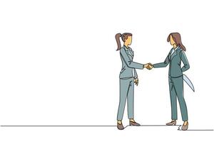 Continuous one line drawing two businesswomen shaking hands. One of them holding knife behind back. Getting ready to stab. Must win at all costs. Traitor. Single line draw design illustration vector