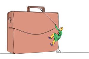 Single one line drawing Arab businesswoman climbs briefcase with rope. Metaphor for building business from scratch. Growing and having many relationships. Continuous line design graphic illustration vector