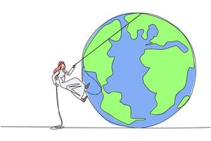 Continuous one line drawing Arab businessman climbs globe with rope. Trying dominate world with massive business expansion. Success reach top of the world. Single line draw design illustration vector