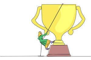 Continuous one line drawing Arabian businessman climbs trophy with rope. Expanding branding by winning many awards. Connecting relationship. Mutual benefit. Single line draw design illustration vector