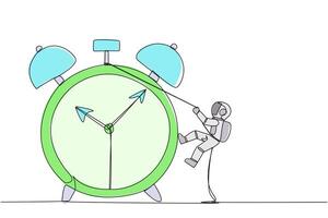 Single continuous line drawing young astronaut climbing alarm clock with rope. Work carefully to complete each task. Works perfectly without any errors. Work hard. One line design illustration vector
