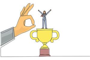 Single continuous line drawing businesswoman standing on big trophy. Celebrating the success of the business. Got fraudulent business opponents. Falling helpless. One line design illustration vector