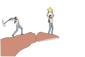 Single continuous line drawing businesswoman standing on the edge of a cliff holding up a star. The hypocrite partner want to destroy the achievement. The traitor. One line design illustration vector