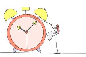 Single continuous line drawing Arab businessman climbing alarm clock with rope. Work carefully to complete each task. Works perfectly. Without any errors. Deadline. One line design illustration vector