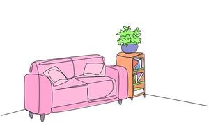 Single continuous line drawing stylish living room with full furniture modern. Design simple minimalist. Comfortable waiting room with comfortable sofa. Cozy room. One line design illustration vector