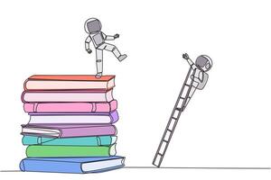 Single continuous line drawing astronaut kicks opponent who climbing a pile of books with a ladder. Failed to gain access to profitable business principles. Rival. One line design illustration vector