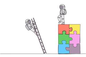 Single continuous line drawing the astronaut kicks opponent who climbing the puzzle with the stairs. Betrayed by colleague when successfully resolving a problem. One line design illustration vector