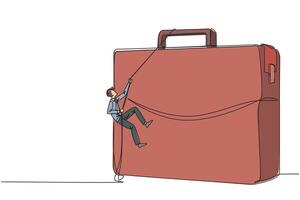 Single one line drawing businessman climbs briefcase with rope. A metaphor for building a business from scratch. Growing and having many relationships. Continuous line design graphic illustration vector