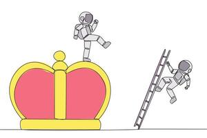 Single one line drawing astronaut kicks opponent who is climbing the crown with a ladder. Making rivals fall from the business glory. Unhealthy competition. Continuous line design graphic illustration vector
