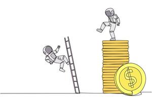 Continuous one line drawing astronaut kicks opponent who climbing a pile of coins with a ladder. Greed for wealth. Forgetting comrades in arms. The traitor. Single line draw design illustration vector