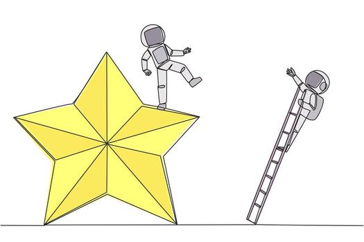 continuo uno línea dibujo astronauta patadas adversario quien es alpinismo el estrella con el escalera. goteante oponentes desde lograr el mismo sueño. el rival. soltero línea dibujar diseño ilustración vector