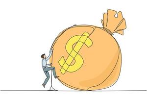 Continuous one line drawing businessman climbing money bag with rope. Work harder to get a very large retirement fund. Bring out abilities to the maximum Single line draw design illustration vector