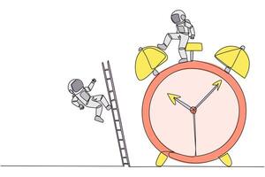 Single one line drawing astronaut kicks opponent who climbs the alarm clock with ladder. Arrogance. No need for colleagues to complete many deadlines. Continuous line design graphic illustration vector