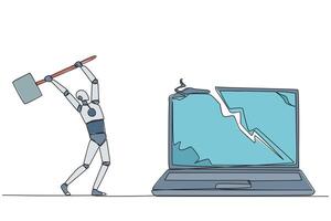Single continuous line drawing smart robotic preparing to hit big laptop. Rampage. Destroying technology that cannot used optimally. Upgrade hardware and brainware. One line design illustration vector