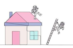 Single continuous line drawing astronaut kicks opponent who climbs a miniature house with the stairs. Metaphor of fraud committed by house developers. Bad business. One line design illustration vector