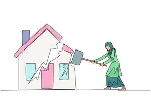 Single continuous line drawing Arabian businesswoman preparing to hit miniature house. Metaphor of house as collateral for payment. Fails. Home is gone. Bankrupt. One line design illustration vector