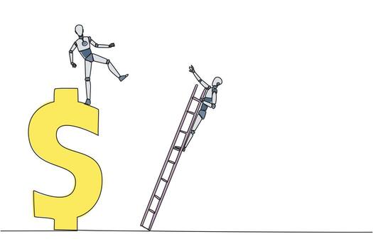 Single continuous line drawing smart robot kicks the rival who is climbing a dollar symbol with ladder. Unhealthy competition. Using rough methods to bring down. One line design illustration vector