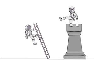 Single one line drawing astronaut kicks opponent who climbing the chess rook with ladder. Wrong move. Wrong strategy. Plan leaked by colleague. Traitor. Continuous line design graphic illustration vector