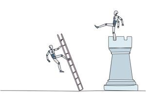 Single one line drawing smart robot kicks opponent who climbing the chess rook with ladder. Wrong move. Wrong strategy. Plan leaked by colleague. Traitor. Continuous line design graphic illustration vector