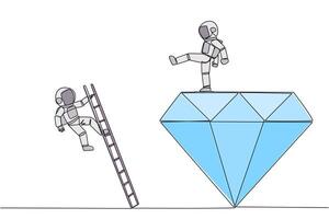 Single one line drawing astronaut kicks rival who is climbing the diamond with a ladder. Knocking rival down from achieving a glorious position together. Continuous line design graphic illustration vector