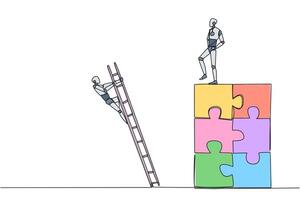 Single continuous line drawing smart robot kicks rival who is climbing the diamond with a ladder. Knocking rival down from achieving a glorious position together. One line design illustration vector