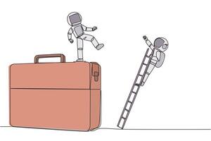 Continuous one line drawing astronaut kicks opponent who climbing the briefcase with a ladder. Keep away from intruders who disturb business trips. Rival. Single line draw design illustration vector