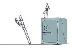 Single continuous line drawing the smart robot kicks opponent who is climbs safe deposit box with ladder. Dropped roughly. Unable to save important files. Rival. One line design illustration vector