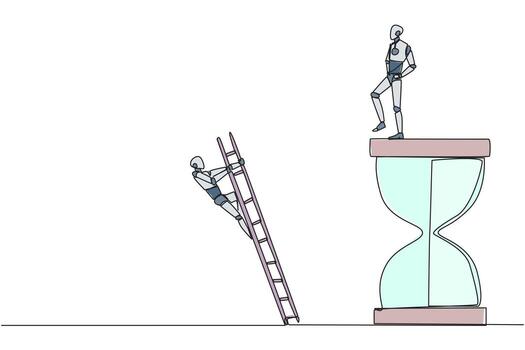 Single one line drawing smart robot kicks opponent who is climbing the hourglass with a ladder. Not able to complete deadlines well. Dropped roughly. Rival. Continuous line design graphic illustration vector