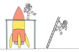 Single continuous line drawing astronaut kicks opponent who climbing the rocket with ladder. Failure to open new business. Cheated by business friend. The traitor. One line design illustration vector